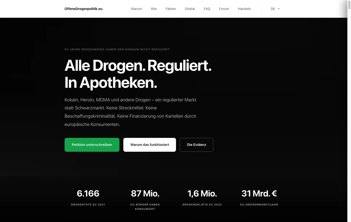 Screenshot der Website Offene Drogenpolitik EU